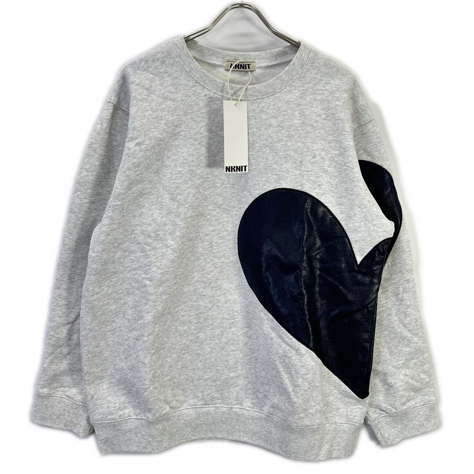 NKNIT 24AW N24-AW502 Light Gray x Navy Cotton/Leather Heart Pattern Pullover Sweat Top