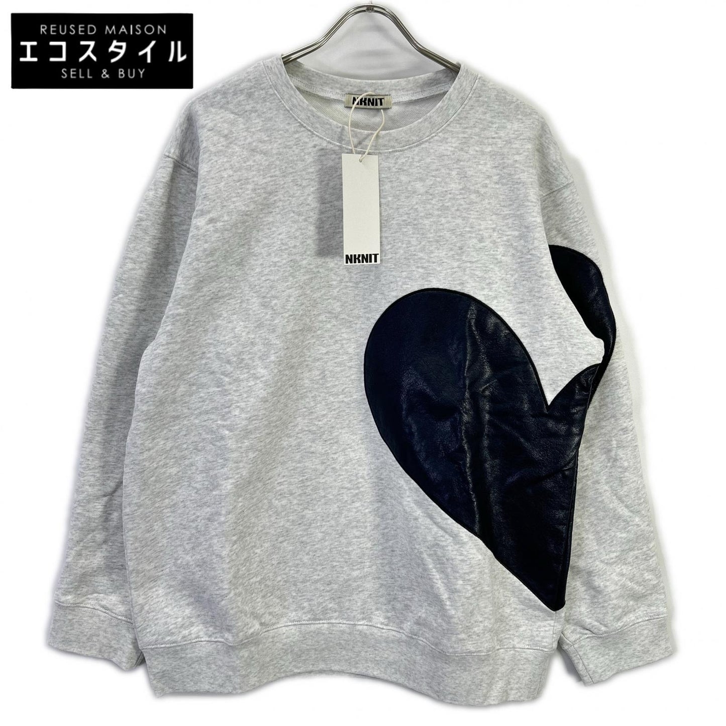 NKNIT 24AW N24-AW502 Light Gray x Navy Cotton/Leather Heart Pattern Pullover Sweat Top