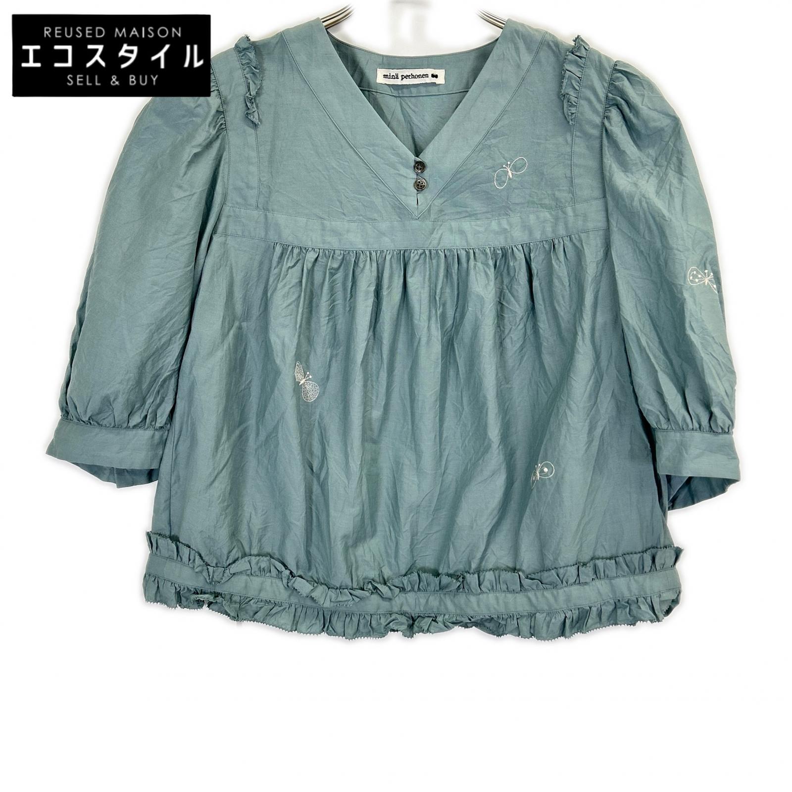 23SS abs1258 ﾌﾞﾙｰ ｺｯﾄﾝｼﾙｸ 刺繍ﾌﾞﾗｳｽ トップス 36 レディース