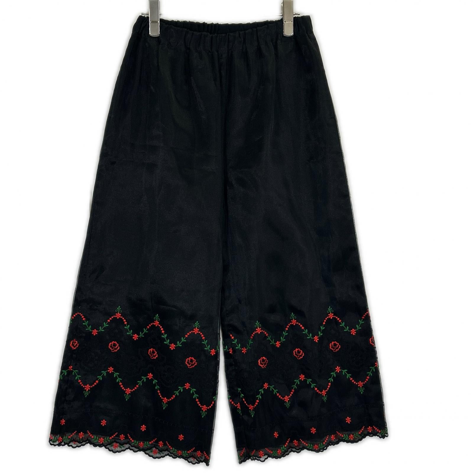 tricotCOMMEdesGARCONS トリココムデギャルソン TB-P004 ブラック フラワー刺繍 シアーワイドパンツ ボトムス