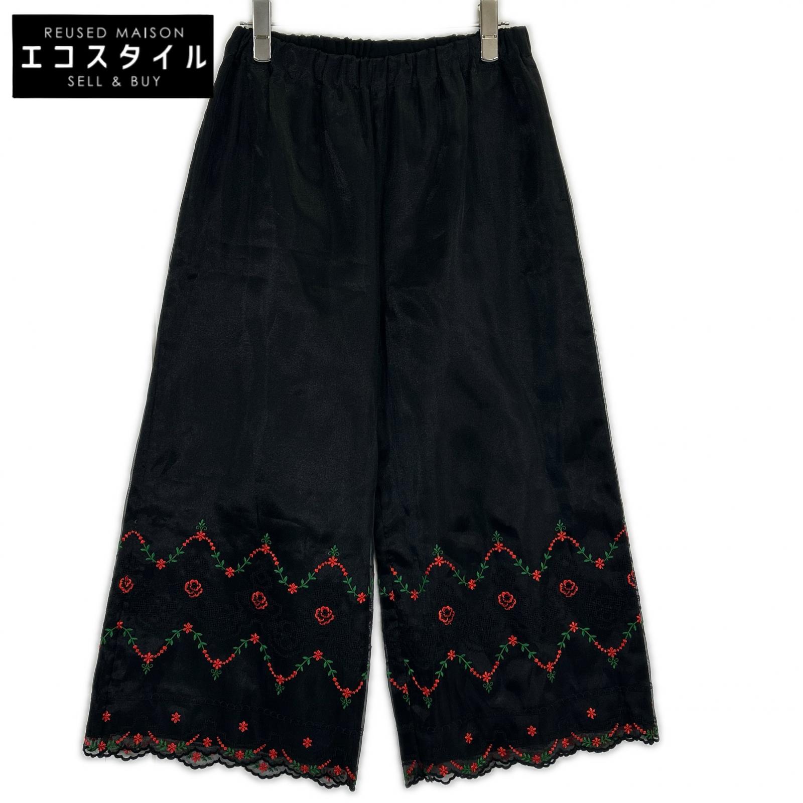 tricotCOMMEdesGARCONS トリココムデギャルソン TB-P004 ブラック フラワー刺繍 シアーワイドパンツ ボトムス