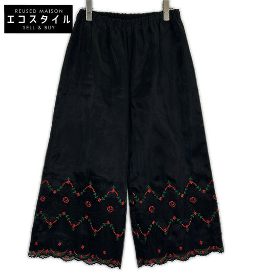 TB-P004 Black Floral Embroidery Sheer Wide Pants Bottoms Not Labeled Women's