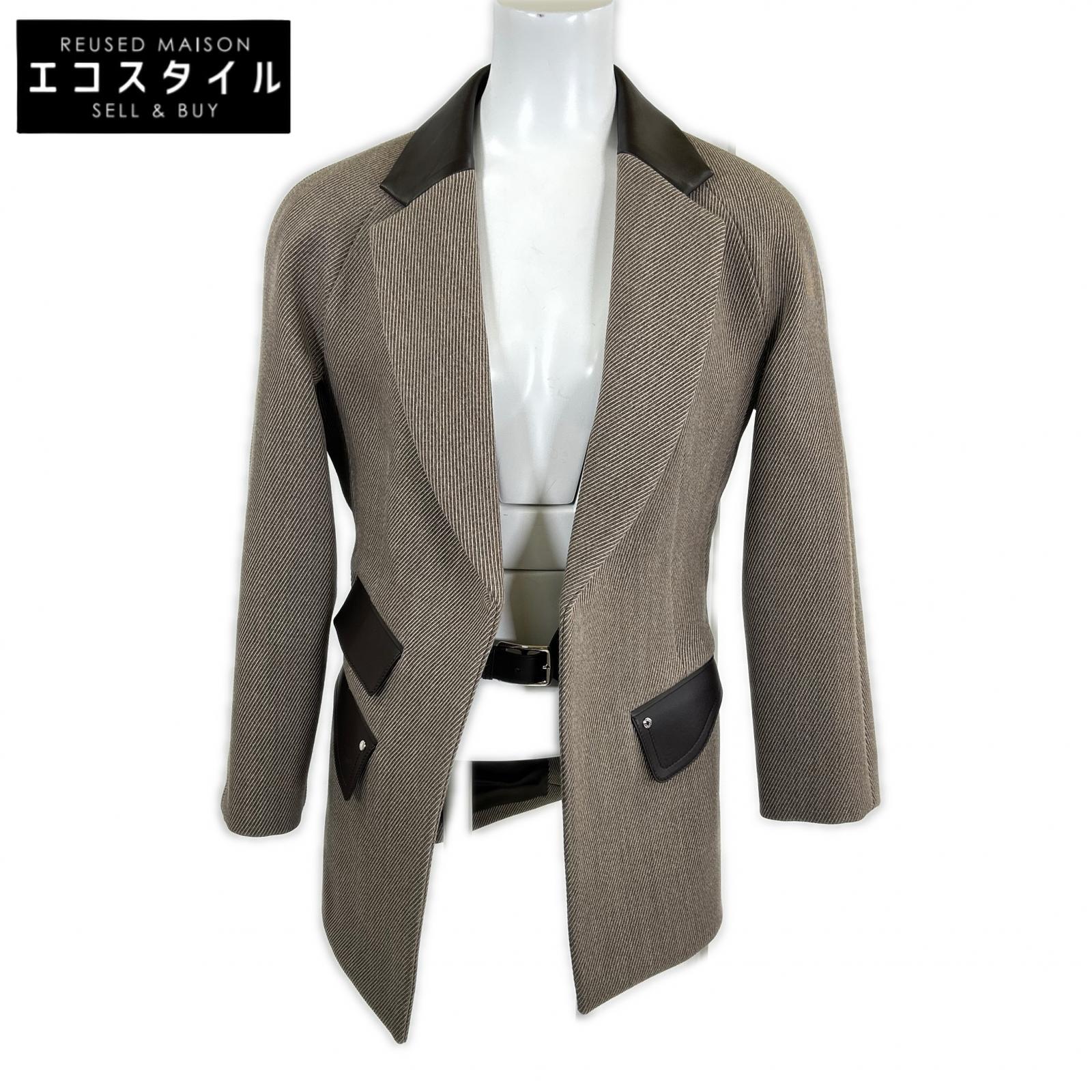 HERMES 爱马仕 近全新 国内正品 H4H0245DK 羊毛x羊皮 真丝内衬 马蹄扣 内置腰带 皮革拼接夹克 西装外套 夹克