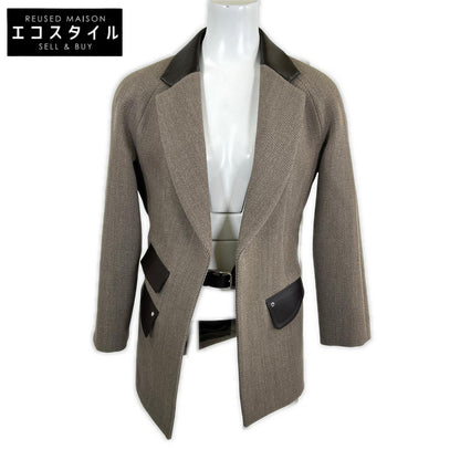 HERMES 爱马仕 近全新 国内正品 H4H0245DK 羊毛x羊皮 真丝内衬 马蹄扣 内置腰带 皮革拼接夹克 西装外套 夹克