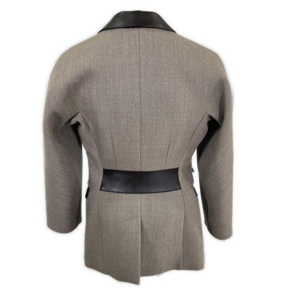 HERMES 爱马仕 近全新 国内正品 H4H0245DK 羊毛x羊皮 真丝内衬 马蹄扣 内置腰带 皮革拼接夹克 西装外套 夹克
