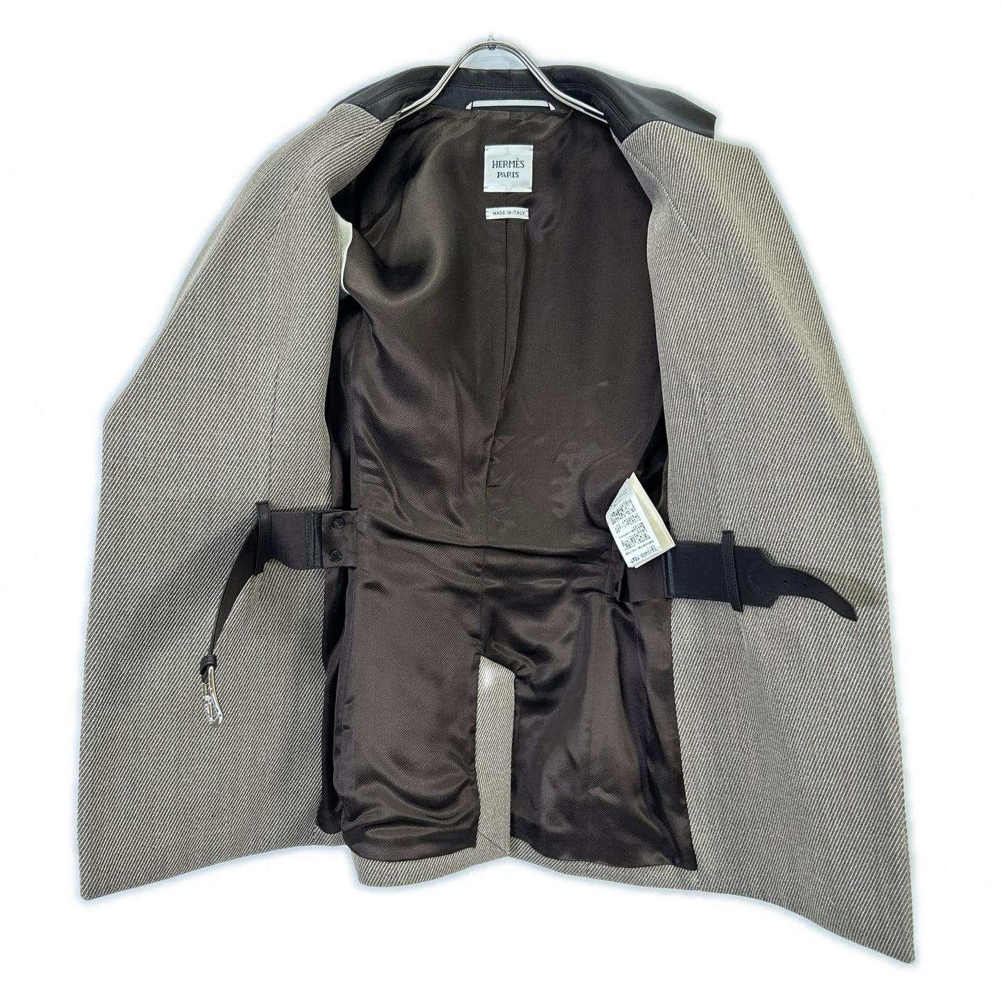 HERMES 爱马仕 近全新 国内正品 H4H0245DK 羊毛x羊皮 真丝内衬 马蹄扣 内置腰带 皮革拼接夹克 西装外套 夹克