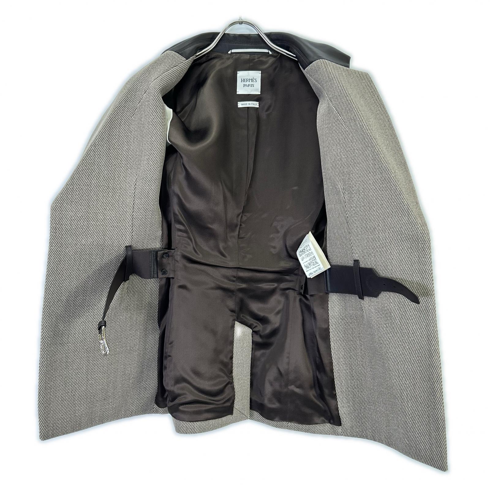 HERMES 爱马仕 近全新 国内正品 H4H0245DK 羊毛x羊皮 真丝内衬 马蹄扣 内置腰带 皮革拼接夹克 西装外套 夹克