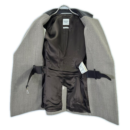 HERMES 爱马仕 近全新 国内正品 H4H0245DK 羊毛x羊皮 真丝内衬 马蹄扣 内置腰带 皮革拼接夹克 西装外套 夹克