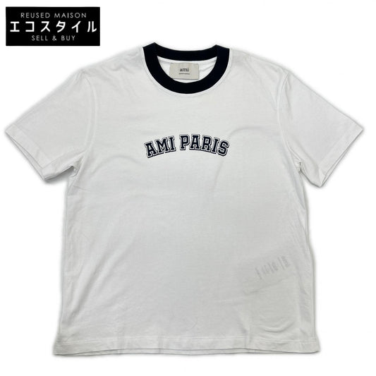 AMI PARIS アミパリス ホワイト リブカラー ロゴプリント S/Sカットソー トップス