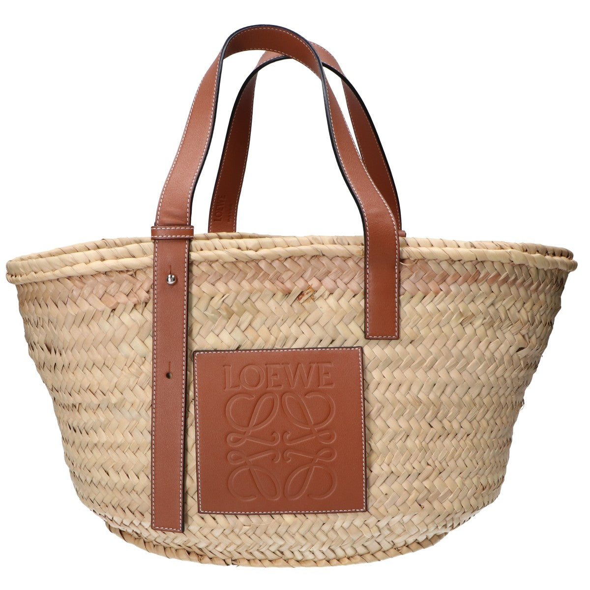 LOEWE 327.02.S92 Natural/Tan Palm Leaf x Calfskin Embossed Anagram Raffia Basket Bag Medium Handbag