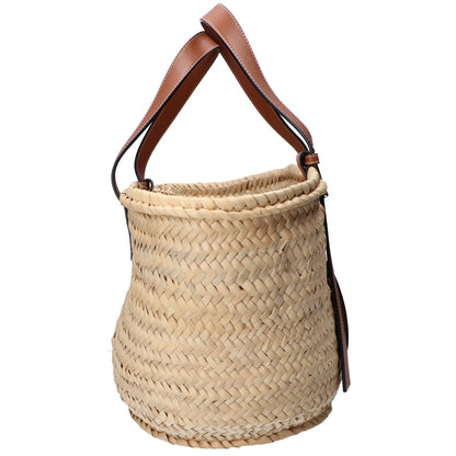 LOEWE 327.02.S92 Natural/Tan Palm Leaf x Calfskin Embossed Anagram Raffia Basket Bag Medium Handbag