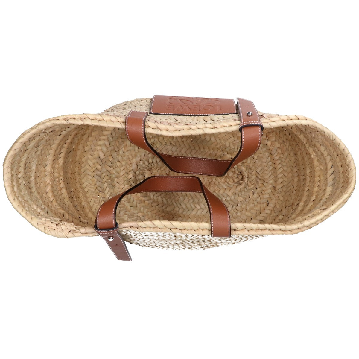 LOEWE 327.02.S92 Natural/Tan Palm Leaf x Calfskin Embossed Anagram Raffia Basket Bag Medium Handbag