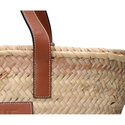 LOEWE 327.02.S92 Natural/Tan Palm Leaf x Calfskin Embossed Anagram Raffia Basket Bag Medium Handbag