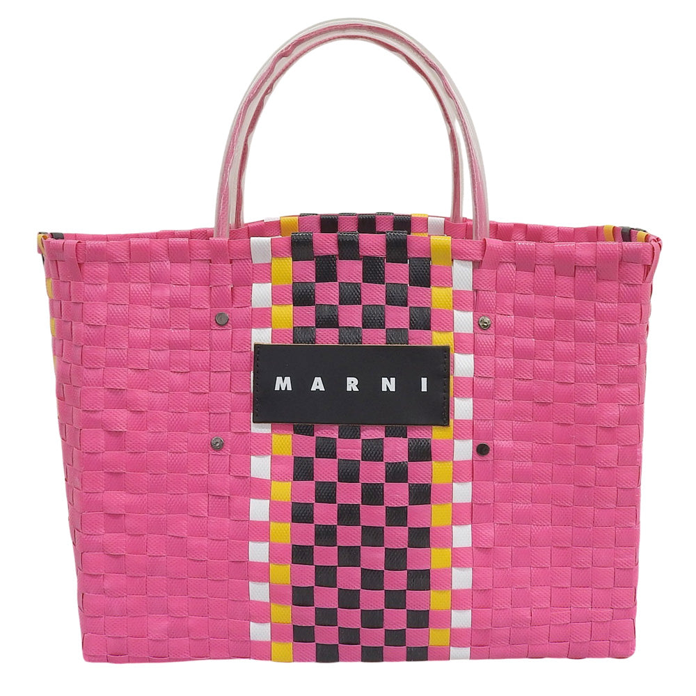 Marni Flower Café leather logo basket tote bag, women's pink × black × yellow × white