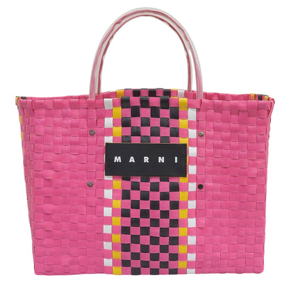 Marni Flower Café leather logo basket tote bag, women's pink × black × yellow × white