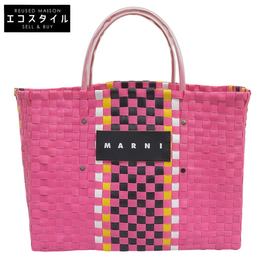 MARNI マルニ フラワーカフェ レザーロゴ かご トートバッグ レディース ピンク×ブラック×イエロー×ホワイト トートバッグ