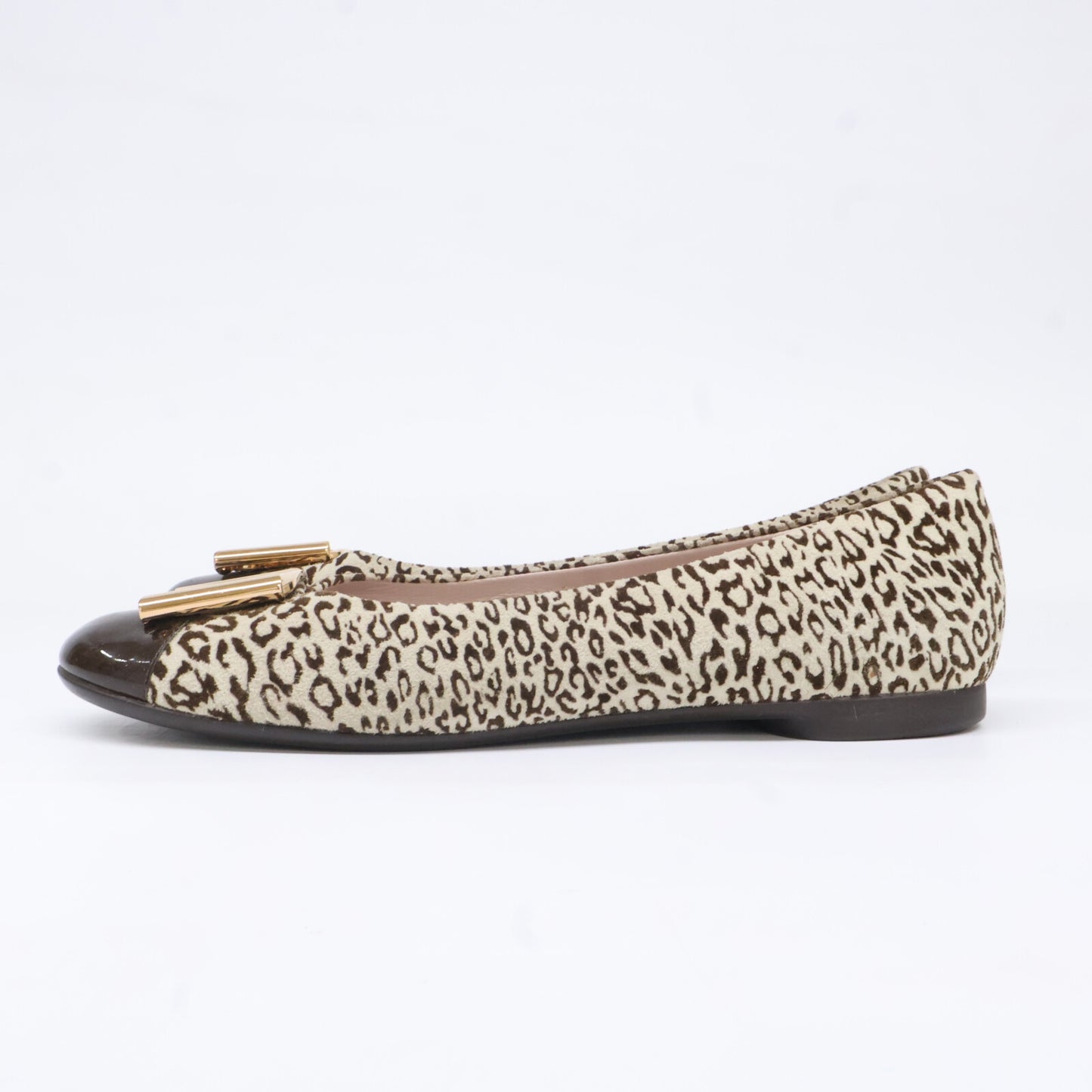 Salvatore Ferragamo Leopard Print Vara Metal Plate Patent Toe Flat Pumps Shoes