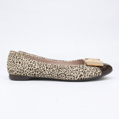 Salvatore Ferragamo Leopard Print Vara Metal Plate Patent Toe Flat Pumps Shoes