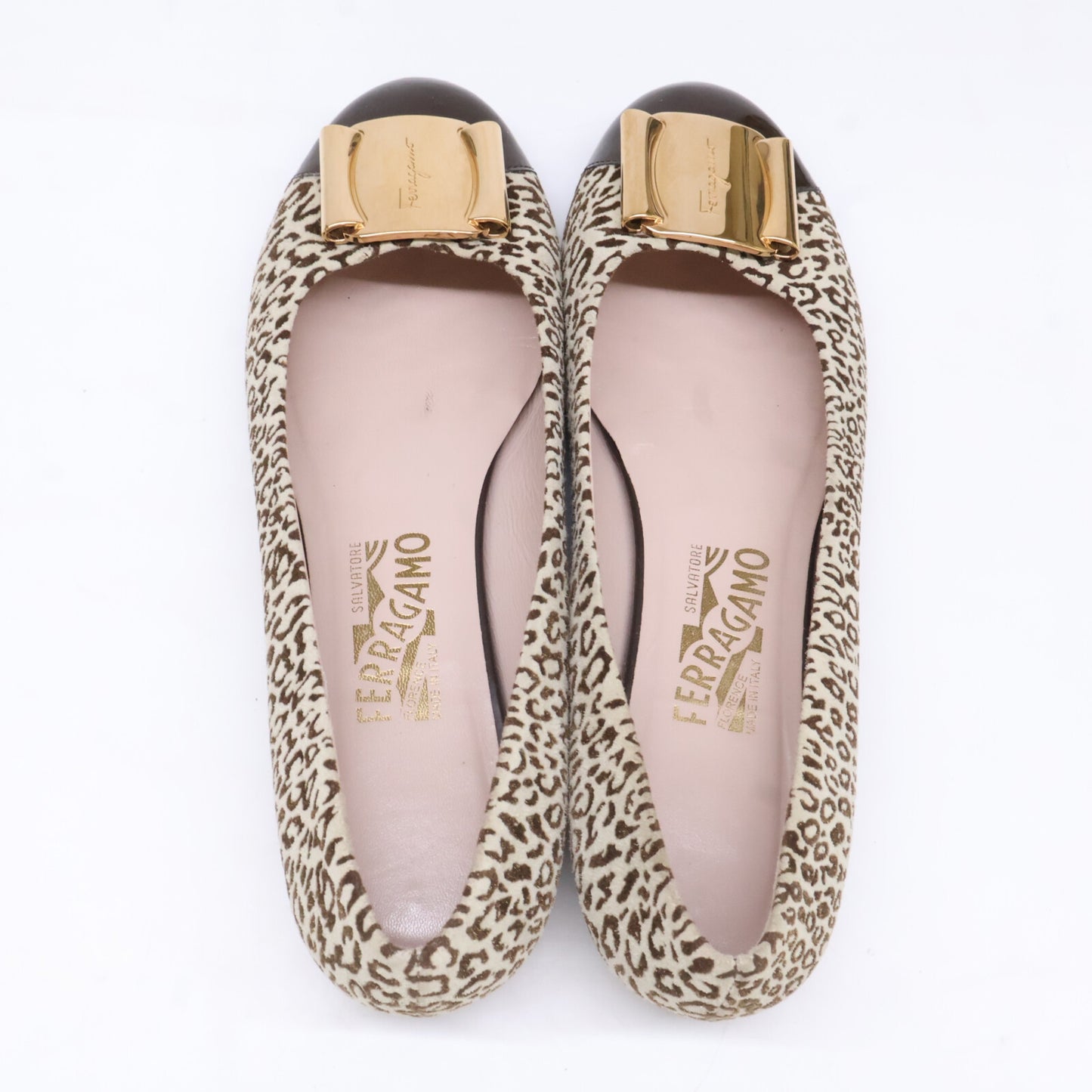 Salvatore Ferragamo Leopard Print Vara Metal Plate Patent Toe Flat Pumps Shoes