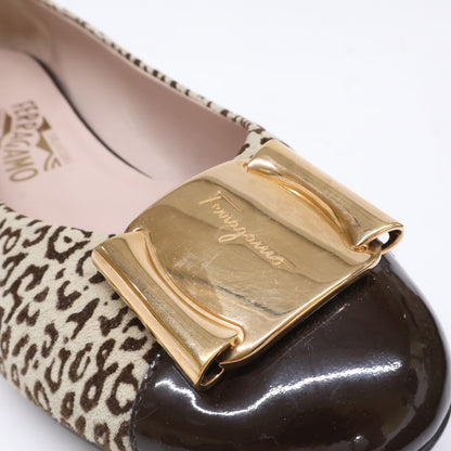 Salvatore Ferragamo Leopard Print Vara Metal Plate Patent Toe Flat Pumps Shoes