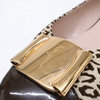 Salvatore Ferragamo Leopard Print Vara Metal Plate Patent Toe Flat Pumps Shoes