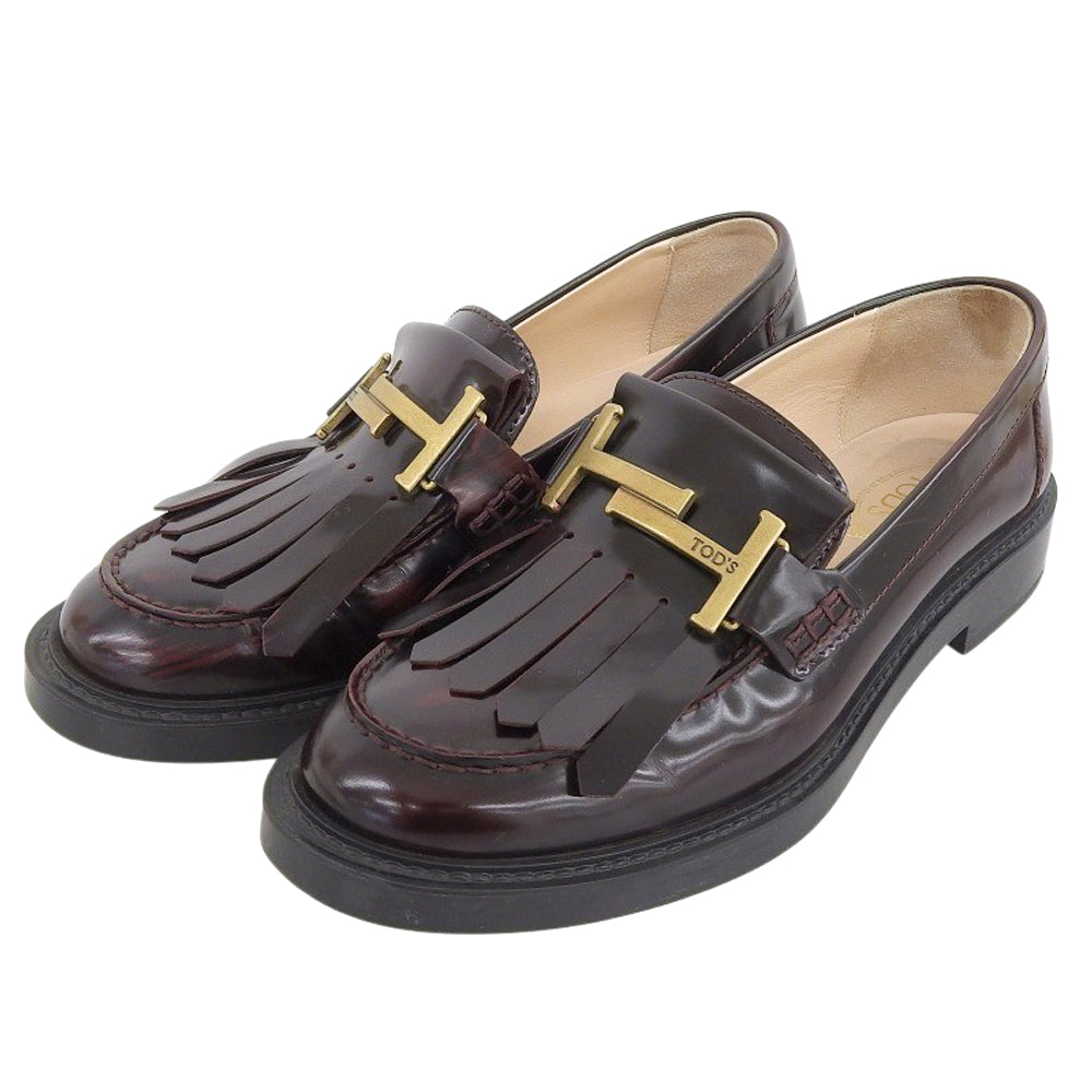 TOD'S トッズ ダブルT金具 フリンジデザイン モカシンローファー シューズ レディース ブラウン×ゴールド 36 シューズ