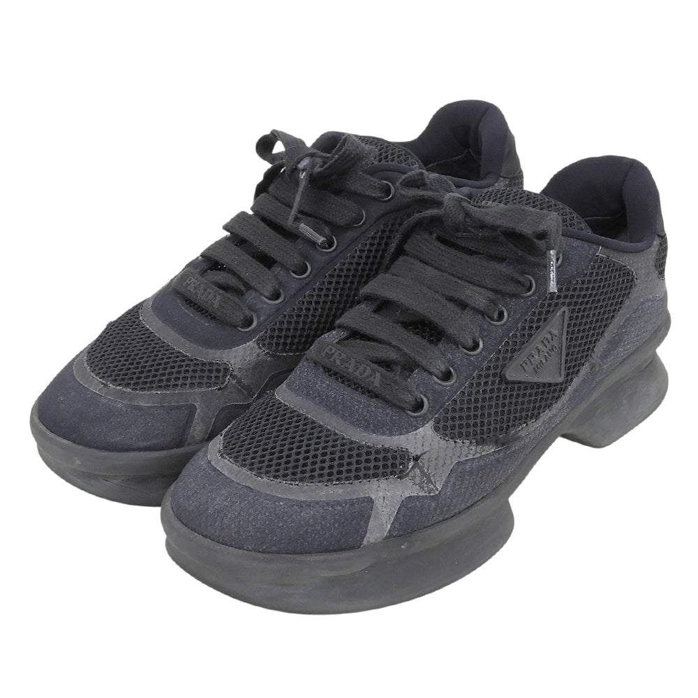 PRADA Mesh fabric triangle-logo low-top heeled sneakers, women's shoes, black, 24.0cm, 1E739, shoes