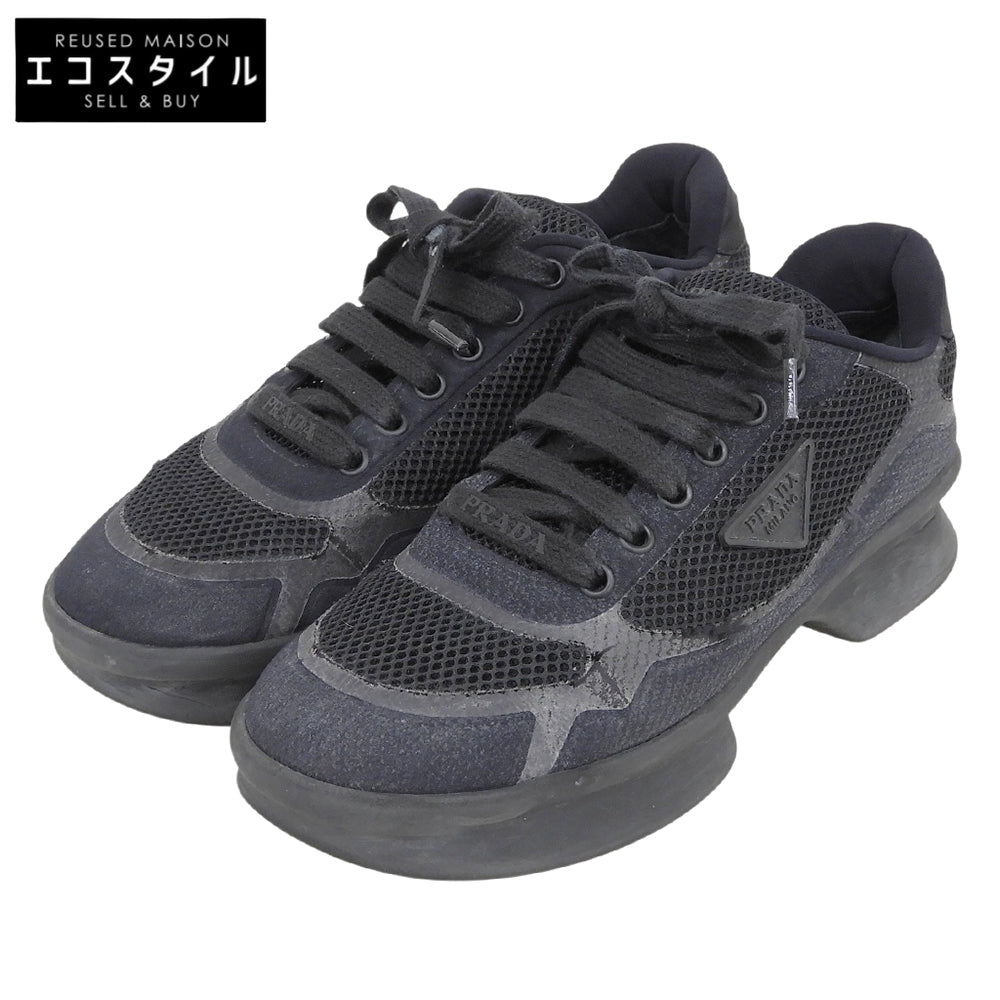 PRADA Mesh fabric triangle-logo low-top heeled sneakers, women's shoes, black, 24.0cm, 1E739, shoes