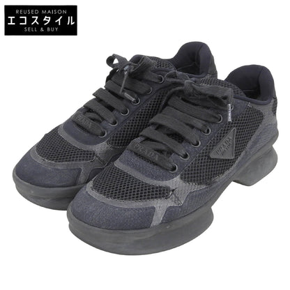 PRADA Mesh fabric triangle-logo low-top heeled sneakers, women's shoes, black, 24.0cm, 1E739, shoes