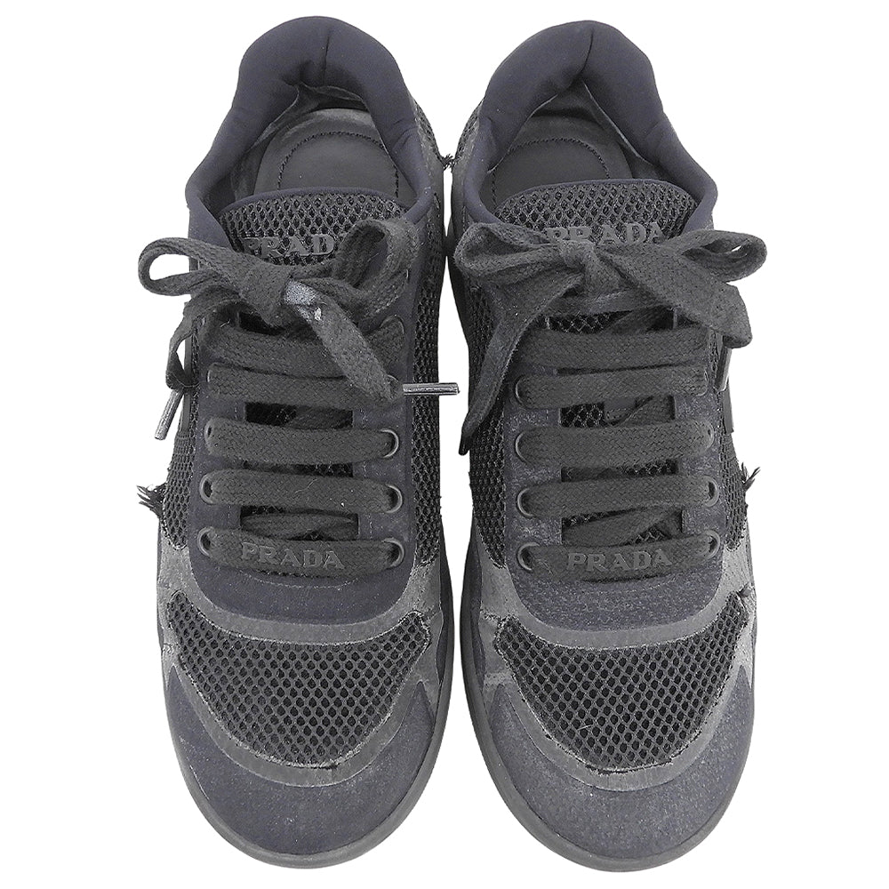 PRADA Mesh fabric triangle-logo low-top heeled sneakers, women's shoes, black, 24.0cm, 1E739, shoes