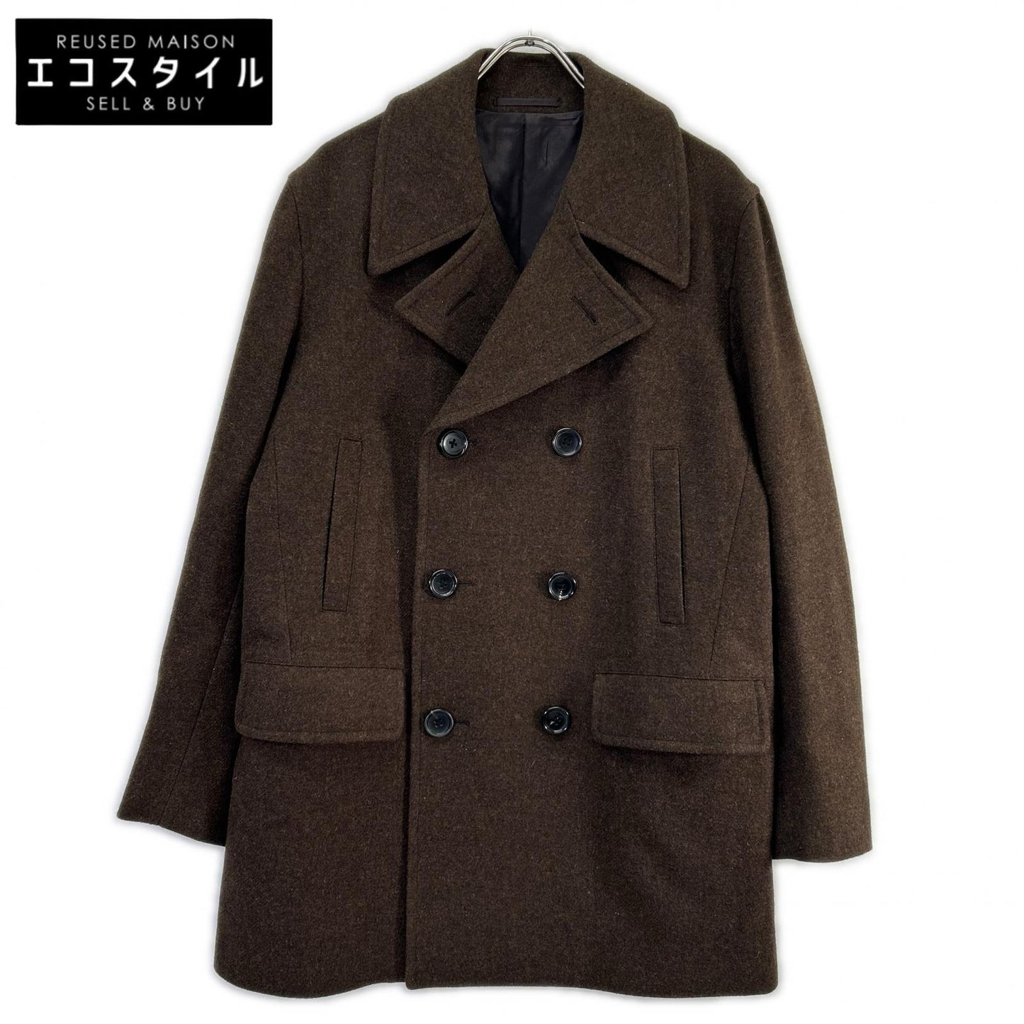 District UNITED ARROWS 1125-199-8709 dark brown British-made wool adjuster-belt double-breasted peacoat