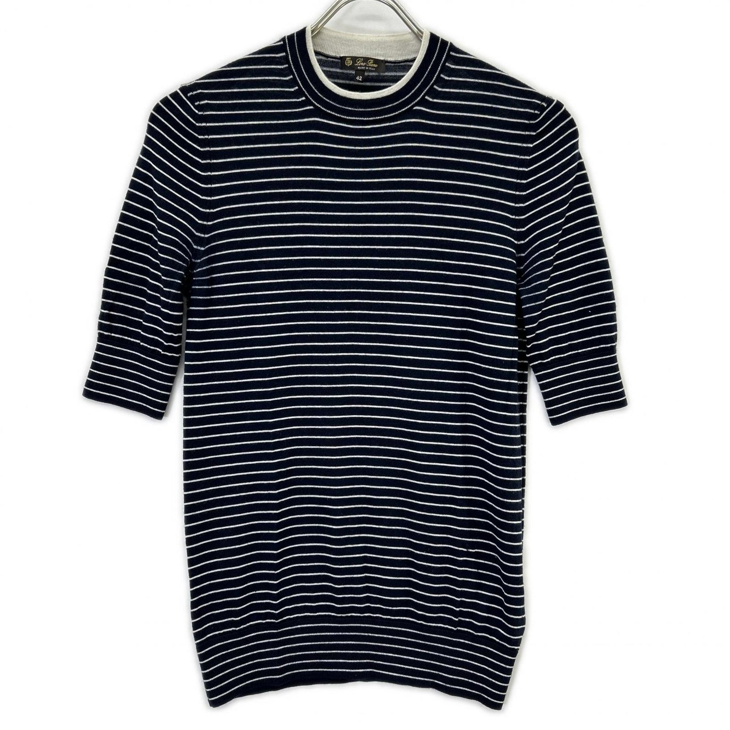 Loro Piana ロロピアーナ FAL6249 ネイビー×ホワイト ボーダー カシミヤ×シルク ハーフスリーブ ニット トップス