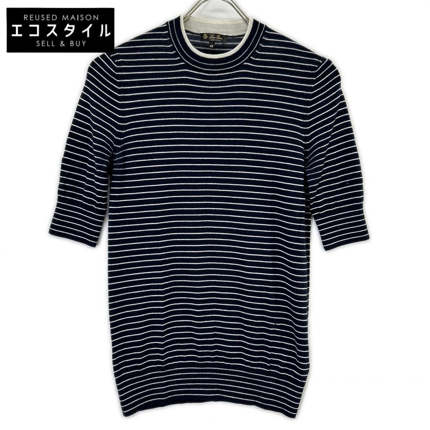 Loro Piana ロロピアーナ FAL6249 ネイビー×ホワイト ボーダー カシミヤ×シルク ハーフスリーブ ニット トップス