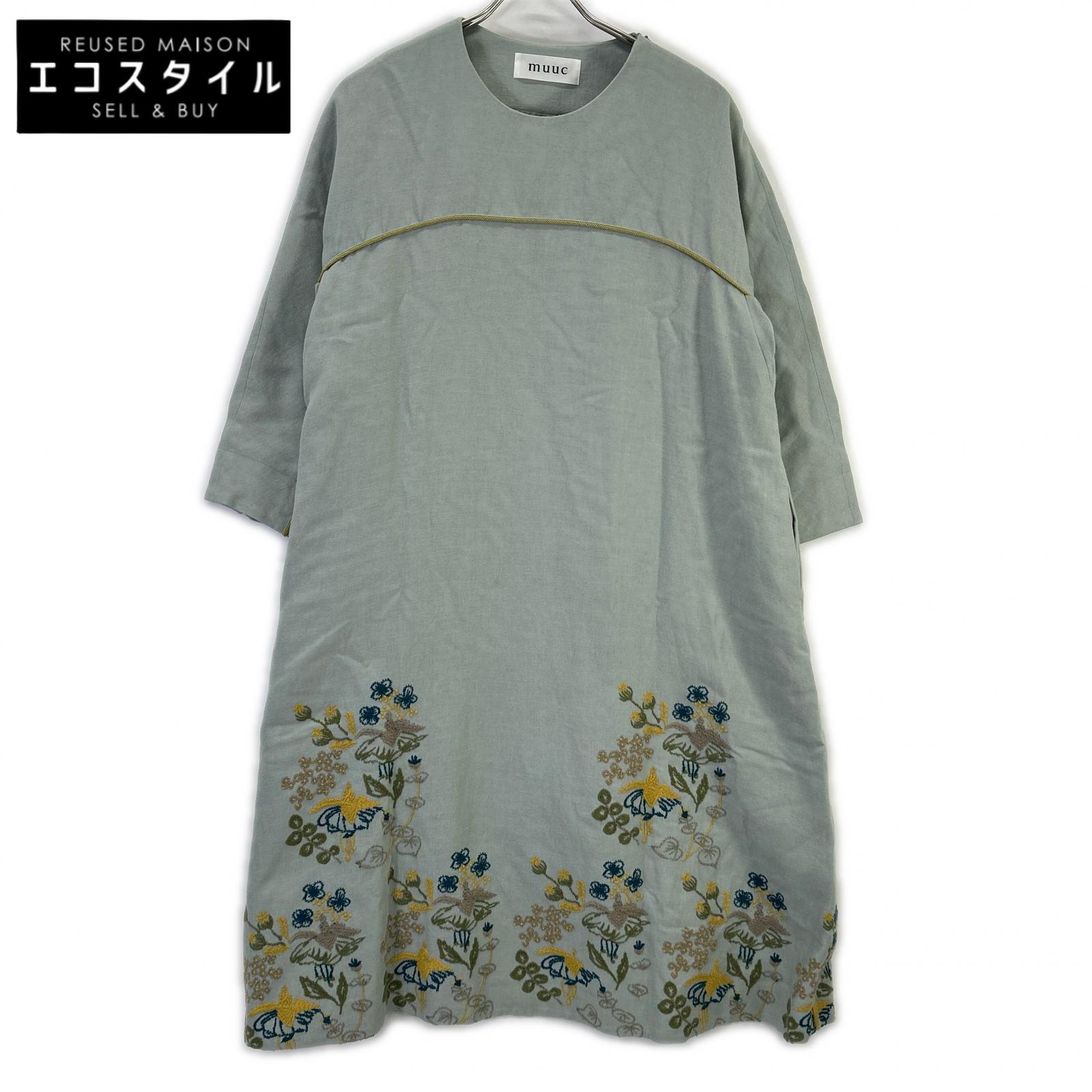 muuc ムーク muc603〈遠州織物 リネンウール生地〉ライトブルー フクシアの花刺繍 ワンピースドレス ワンピース