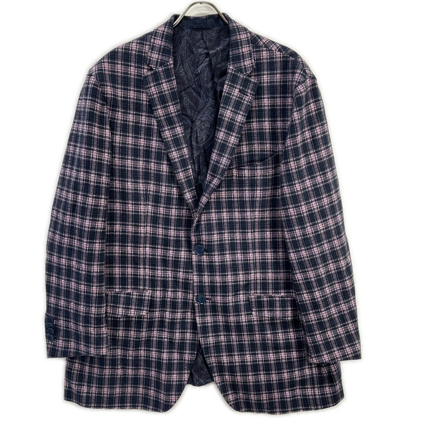 ETRO エトロ 241-MRCB0001-99TQE32 ピンク×ネイビー コットン混 裏地ペイズリー センターベント チェック柄 2Bブレザージャケット ジャケット