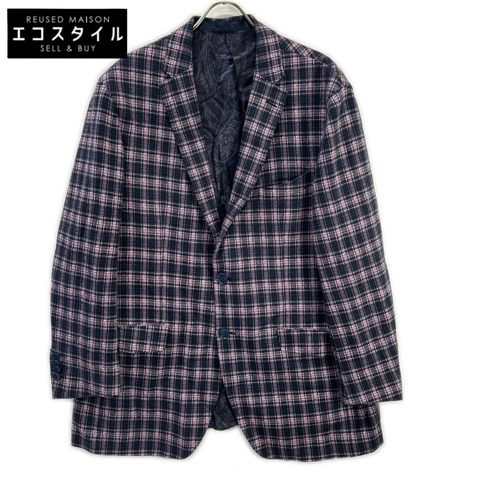 ETRO エトロ 241-MRCB0001-99TQE32 ピンク×ネイビー コットン混 裏地ペイズリー センターベント チェック柄 2Bブレザージャケット ジャケット