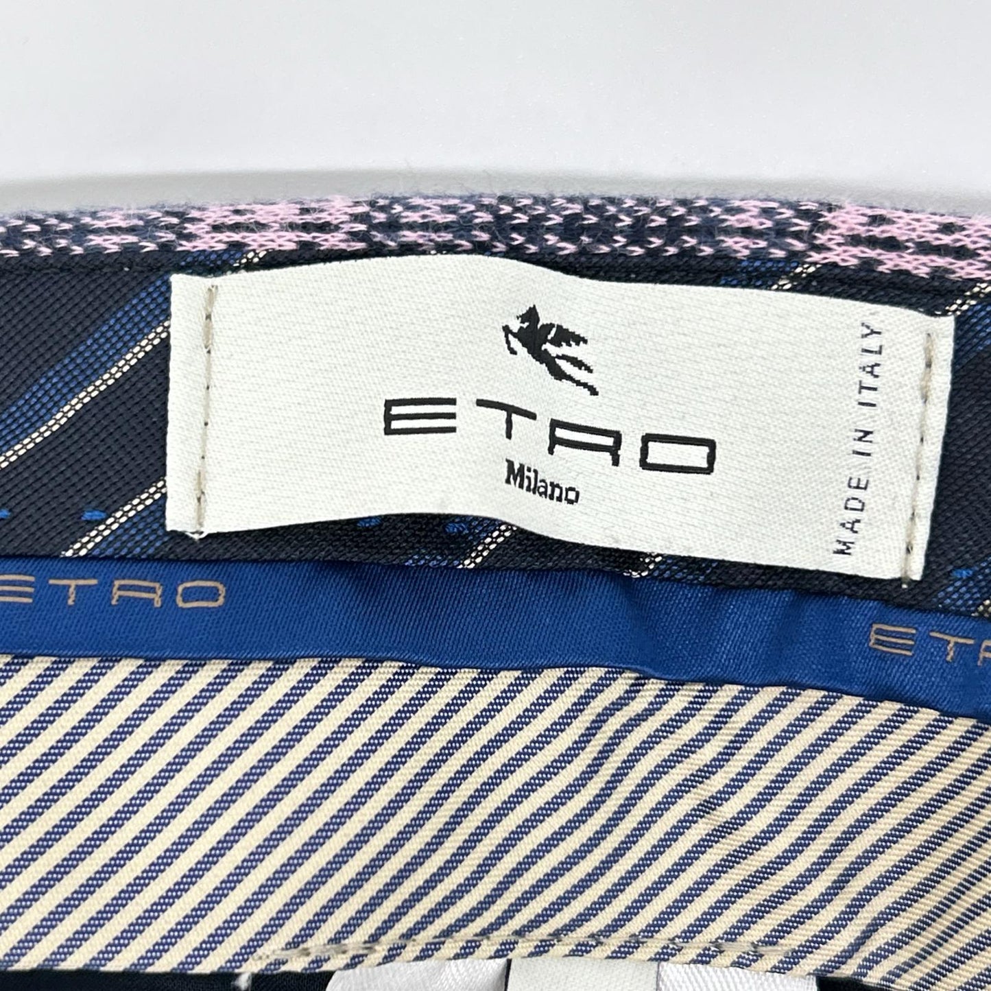 ETRO 241-MRCB0005-99TQE32 pink × navy cotton-blend center-pressed check tapered slacks