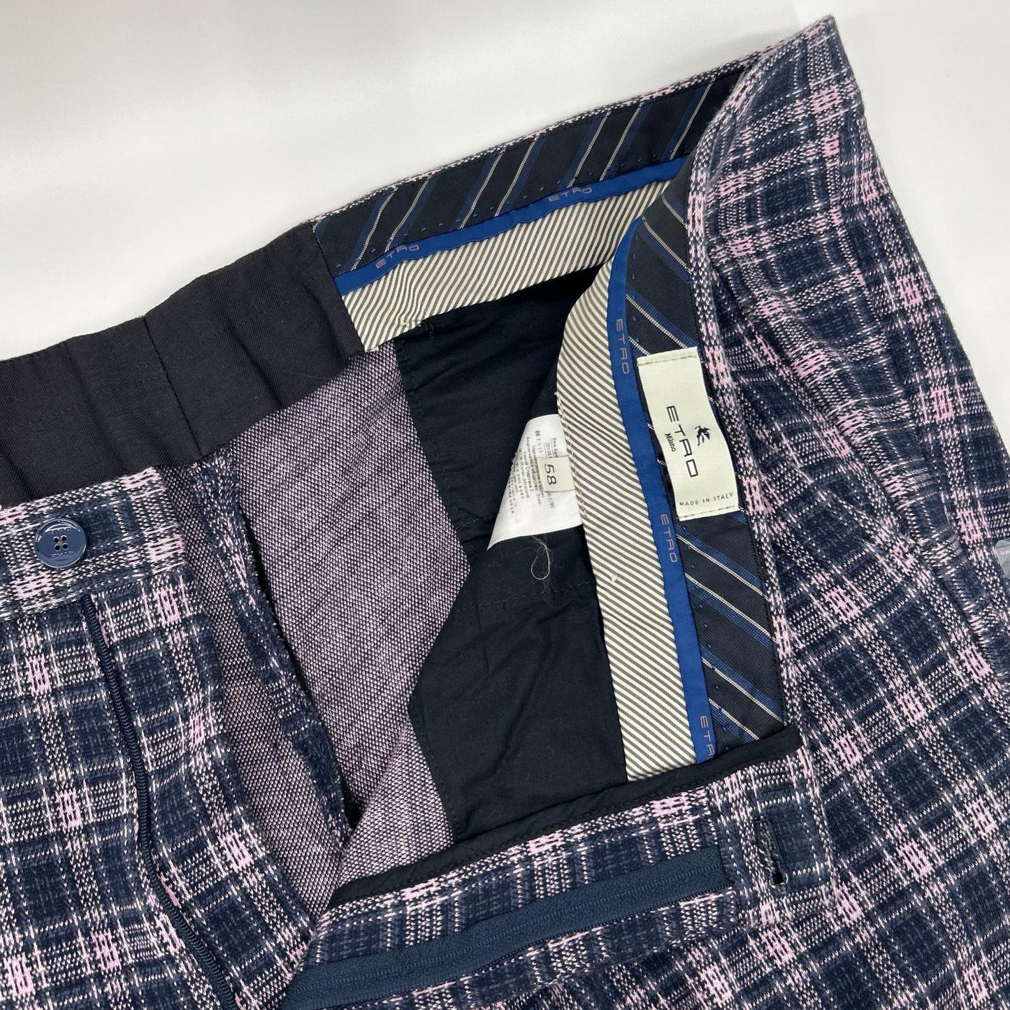 ETRO エトロ 241-MRCB0005-99TQE32 ピンク×ネイビー コットン混 センタープレス チェックテーパードスラックス ボトムス