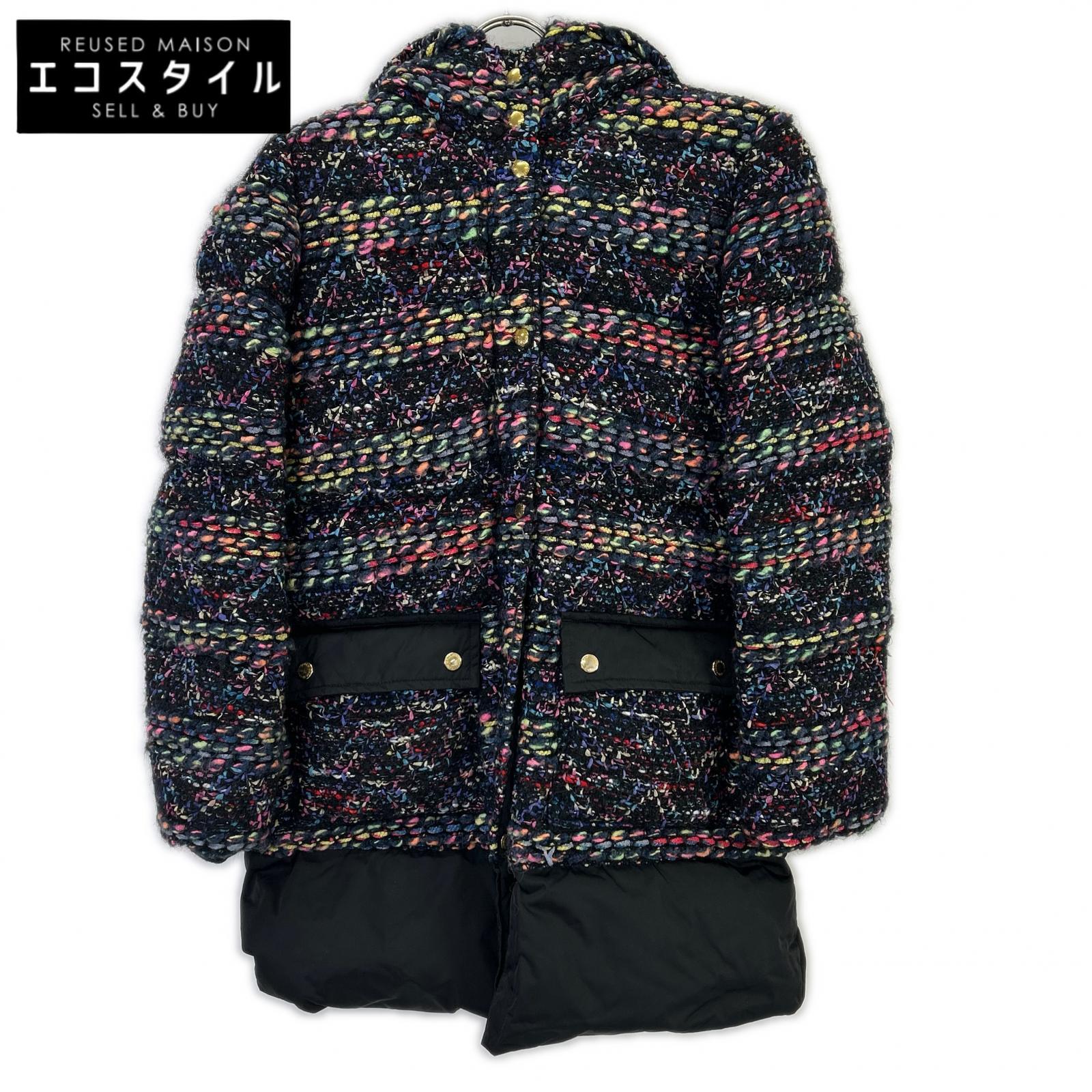 Coohem Coohem [Yonetomi Textile] 145938 black and multicolor mohair-nylon knit tweed hooded down jacket