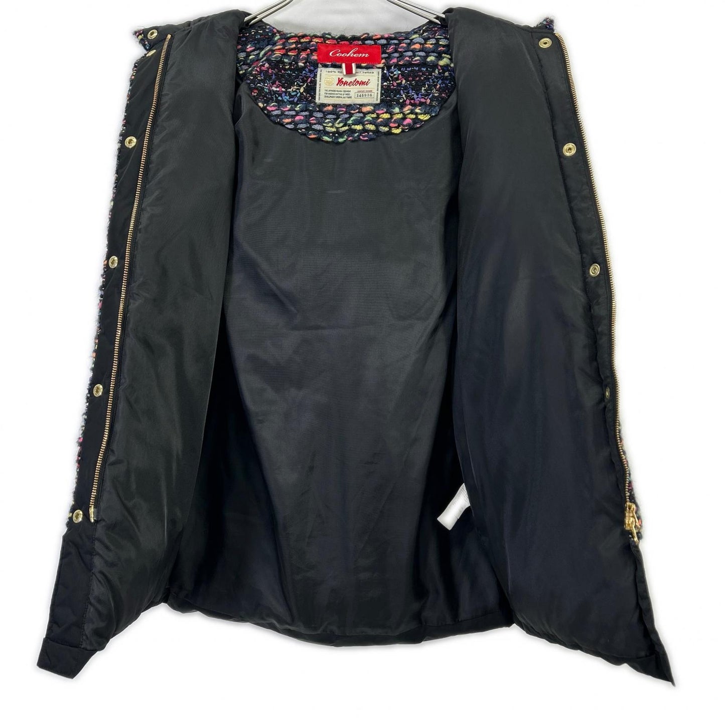 Coohem Coohem [Yonetomi Textile] 145938 black and multicolor mohair-nylon knit tweed hooded down jacket
