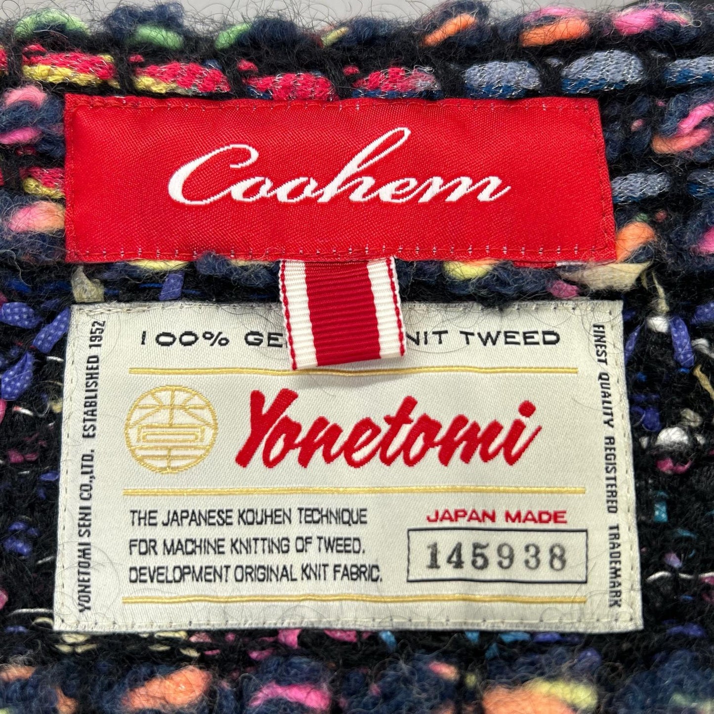 Coohem Coohem [Yonetomi Textile] 145938 black and multicolor mohair-nylon knit tweed hooded down jacket