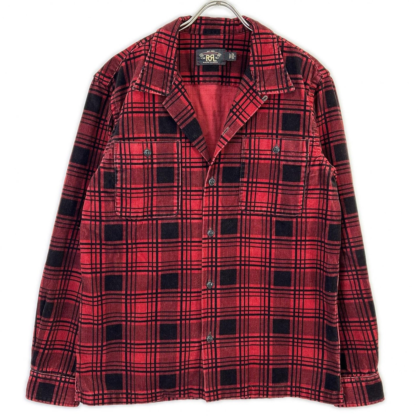 RRL ダブルアールエル レッド×ブラック チェックパターン コーデュロイ オープンカラーシャツ トップス