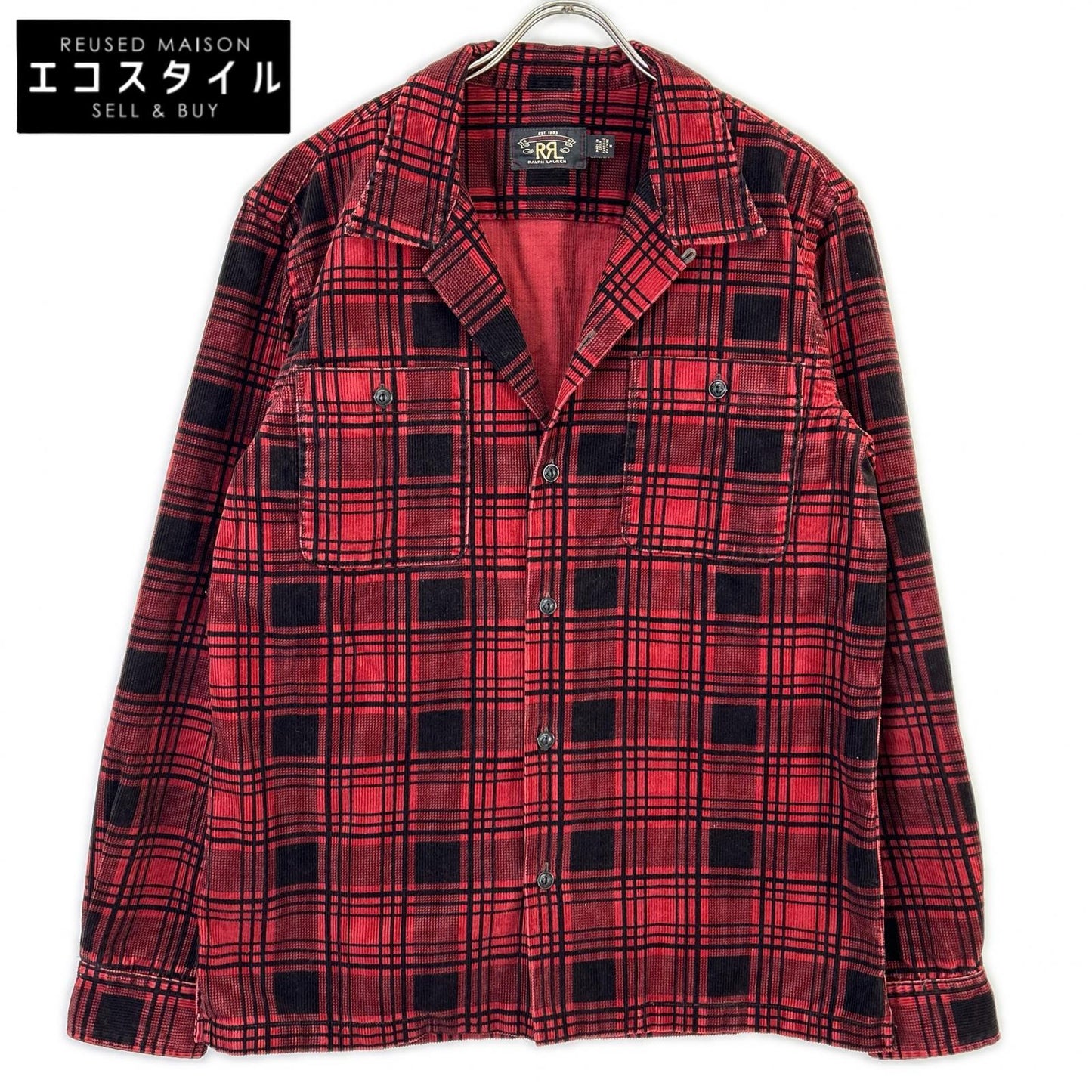 RRL ダブルアールエル レッド×ブラック チェックパターン コーデュロイ オープンカラーシャツ トップス