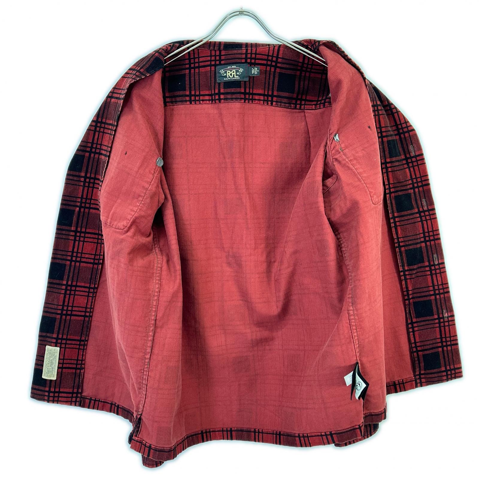 RRL ダブルアールエル レッド×ブラック チェックパターン コーデュロイ オープンカラーシャツ トップス