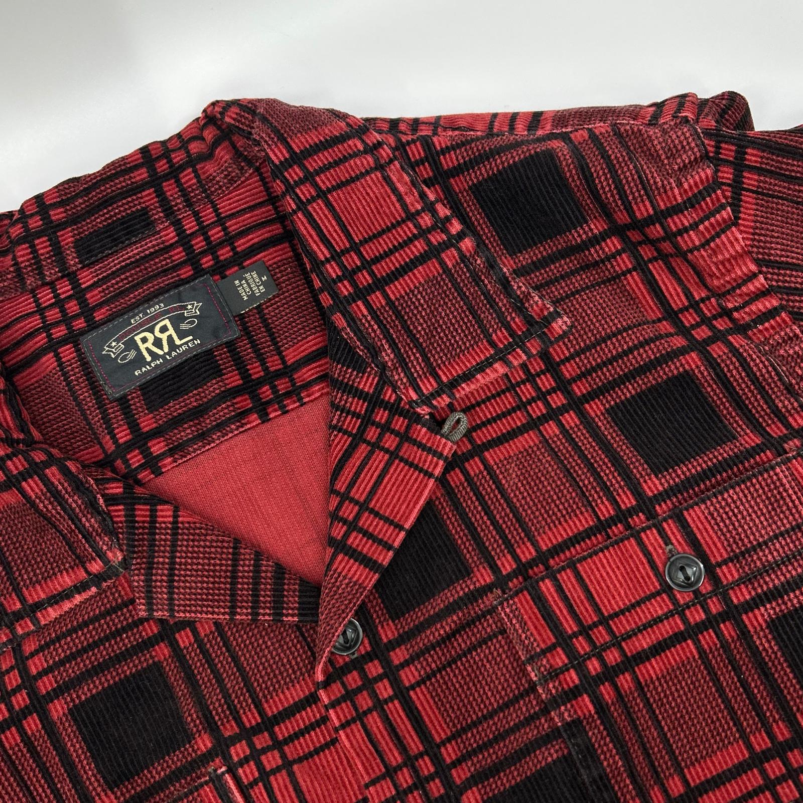 RRL ダブルアールエル レッド×ブラック チェックパターン コーデュロイ オープンカラーシャツ トップス