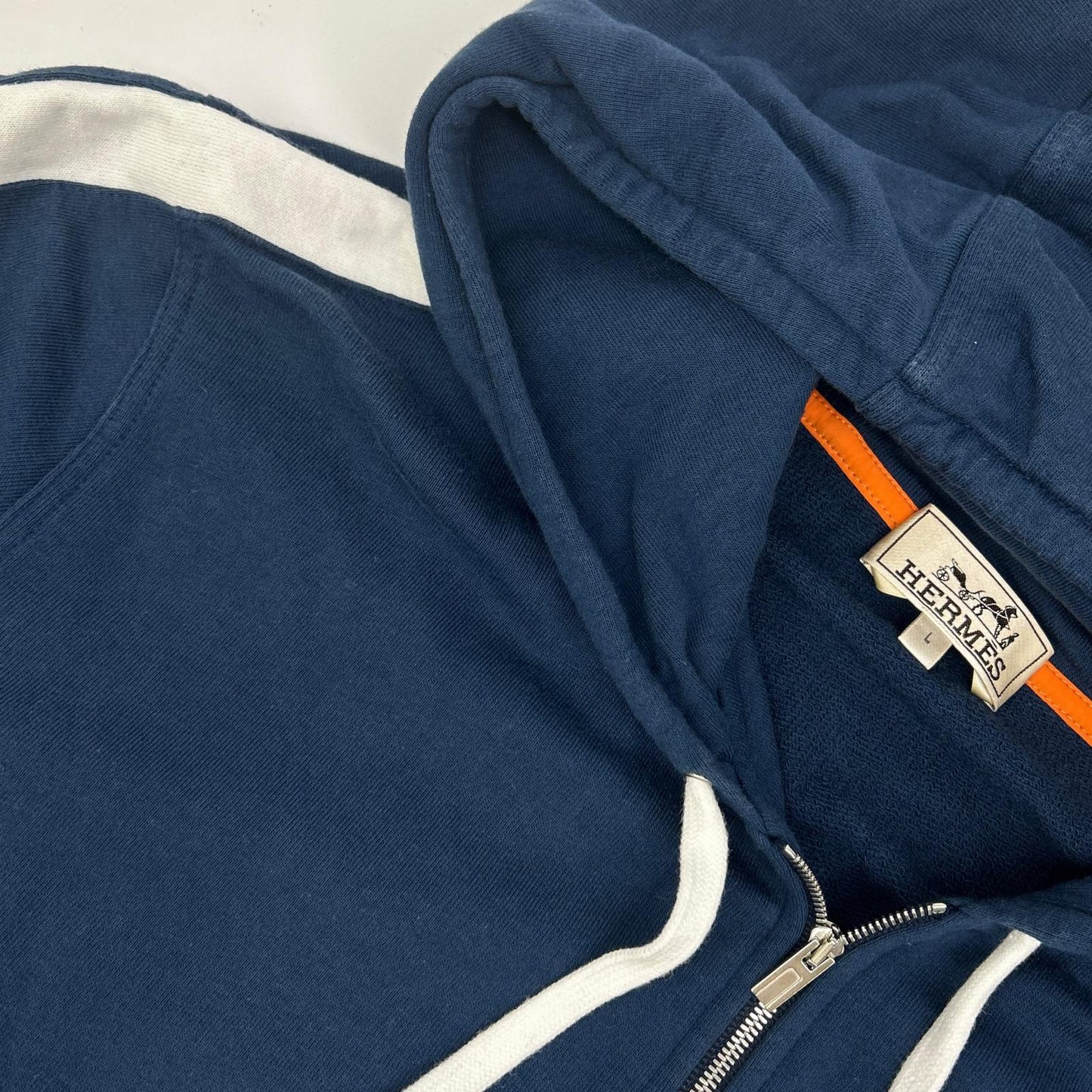 HERMES エルメス ブルー×ホワイト コットン混 サイドライン ドローストリングジップフーディ トップス