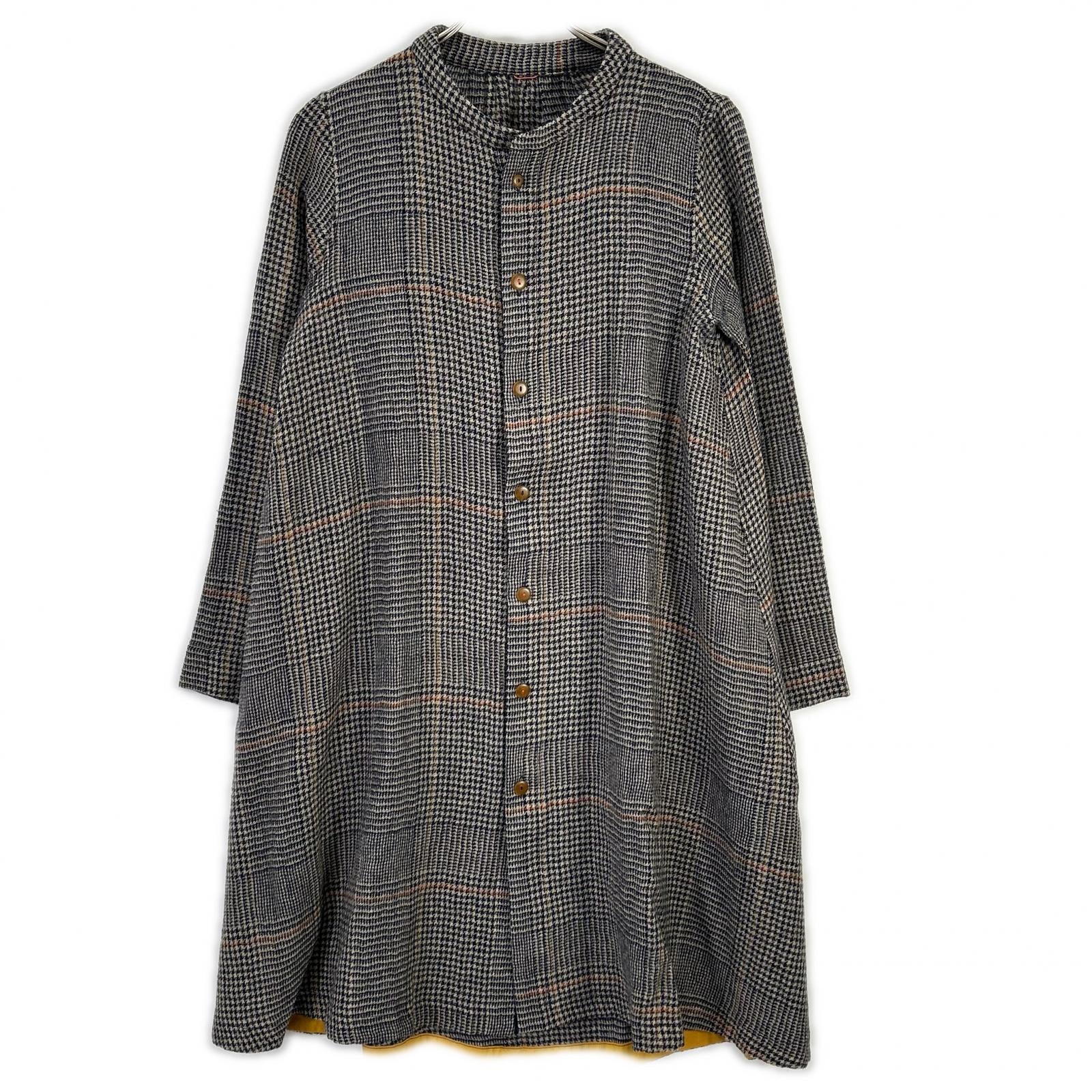 Pallas Palace パラスパレス グレー系 ハウンドトゥース×チェック柄 ノーカラー ロングスリーブ シャツワンピース ワンピース