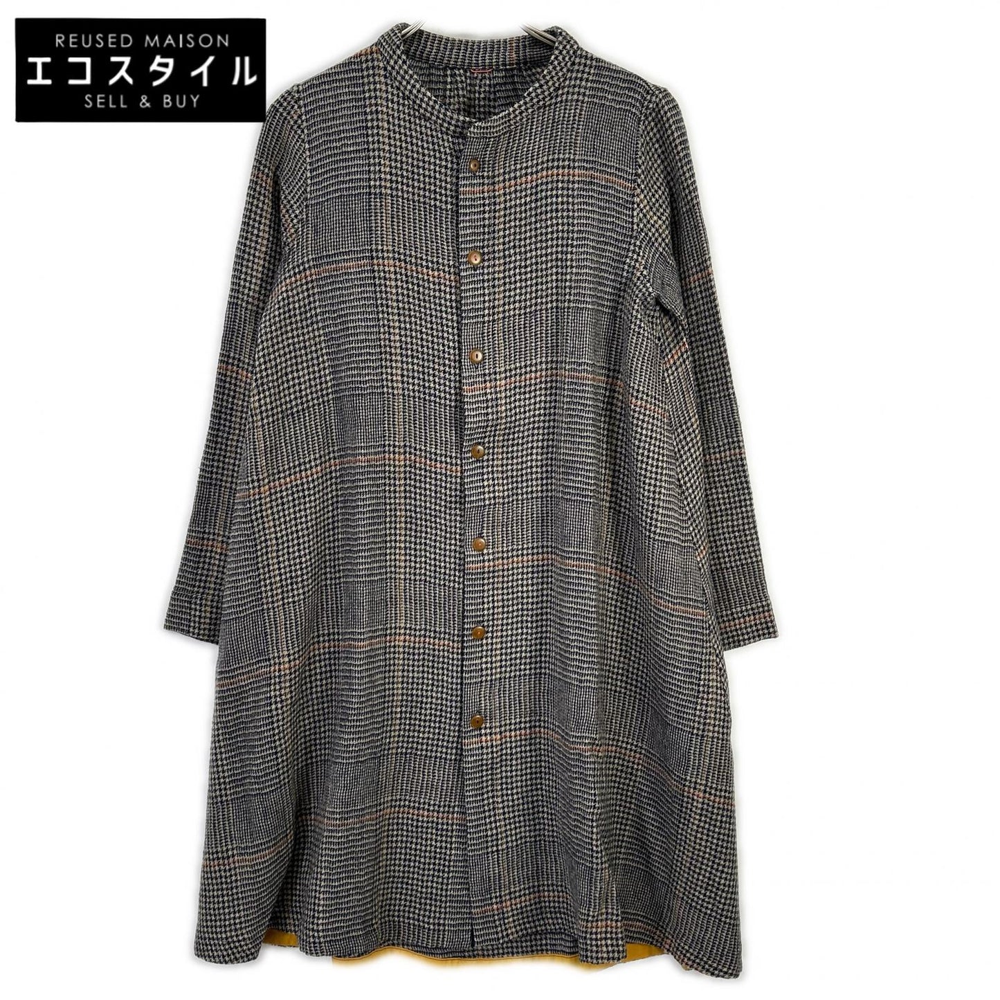 Pallas Palace パラスパレス グレー系 ハウンドトゥース×チェック柄 ノーカラー ロングスリーブ シャツワンピース ワンピース