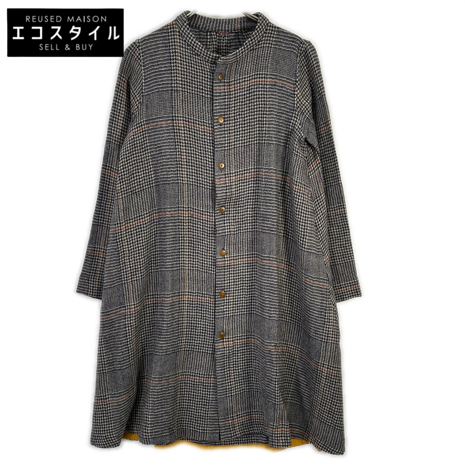 Pallas Palace パラスパレス グレー系 ハウンドトゥース×チェック柄 ノーカラー ロングスリーブ シャツワンピース ワンピース