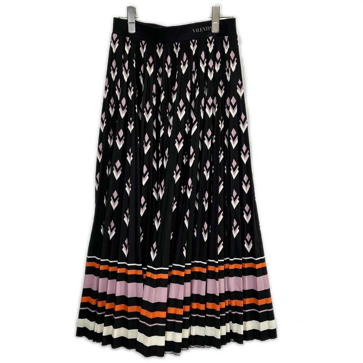VALENTINO ヴァレンティノ ブラック×ピンク 総柄×ボーダー ギャザーロングスカート スカート